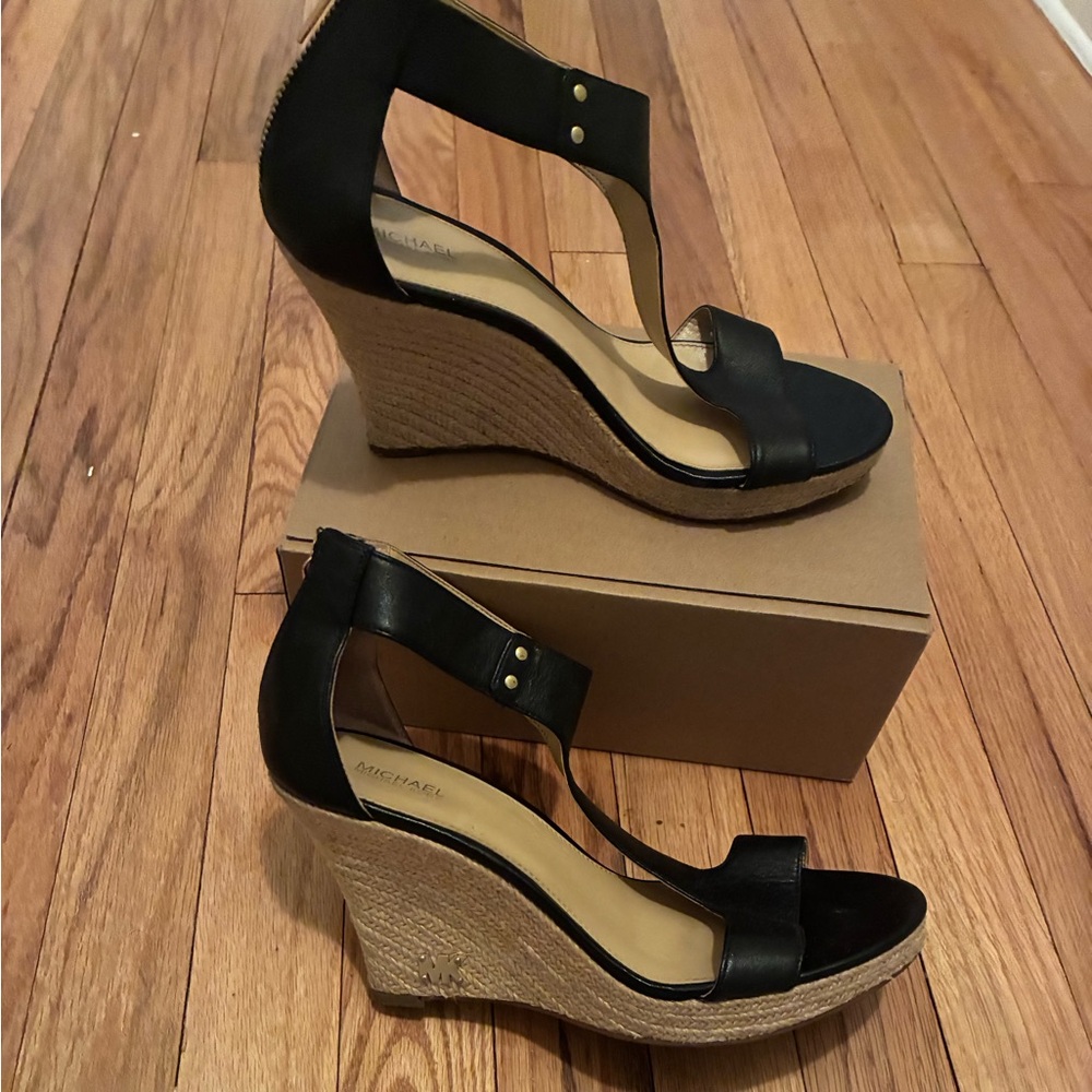 Michael Kors Black Leather Espadrille Wedge Sandals
